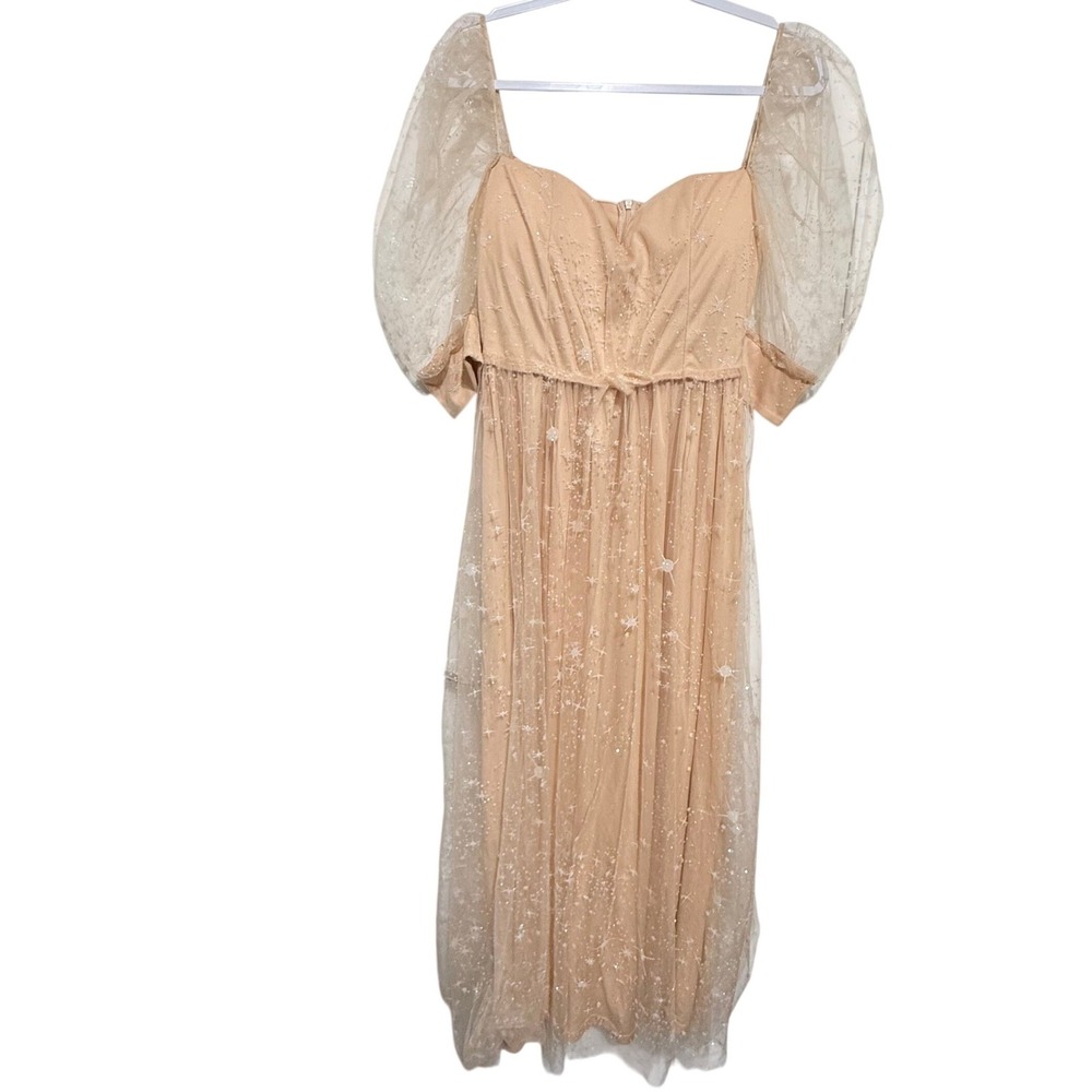 Miss Ord Celestial Star Glitter Tulle Puff Sleeve Dress Peach Champagne Large